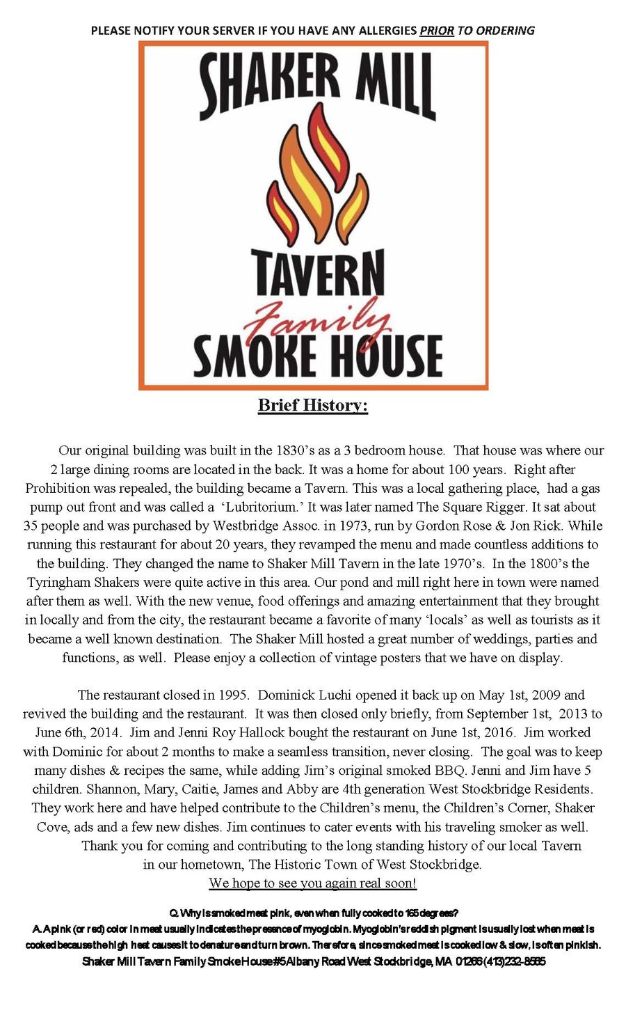 Shaker Mill Tavern Family Smoke House