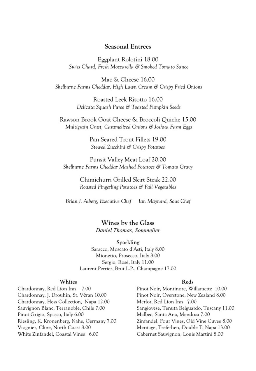 BerkshireMenus.com - The Widow Bingham's Tavern at The Red Lion Inn