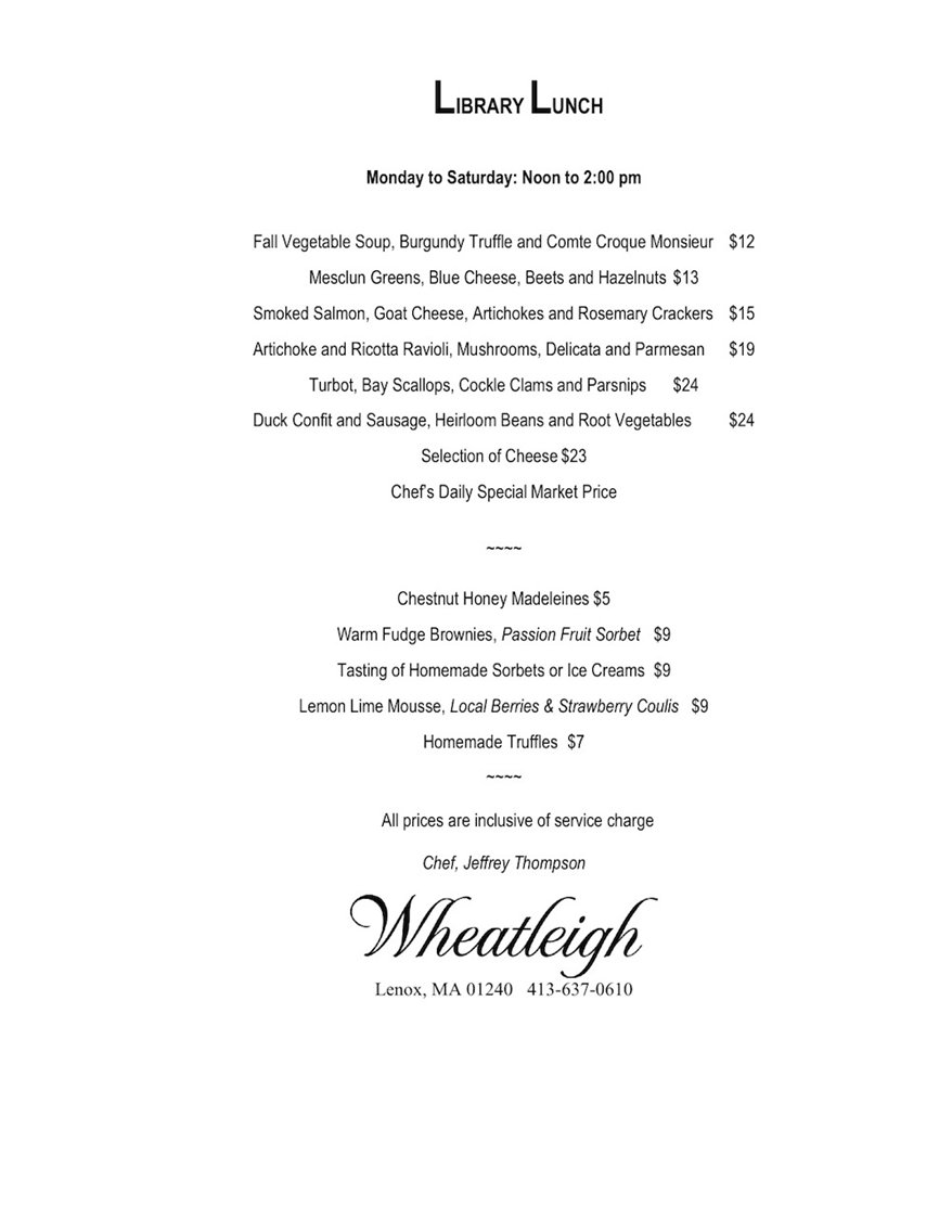 BerkshireMenus.com - Wheatleigh's Restaurant